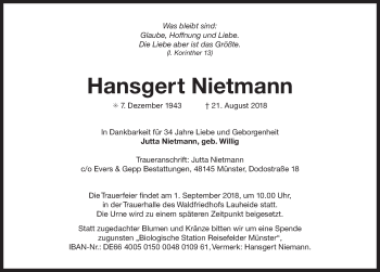 Traueranzeige von Hansgert Nietmann 