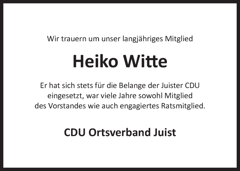  Traueranzeige für Heiko Witte vom 18.08.2018 aus 