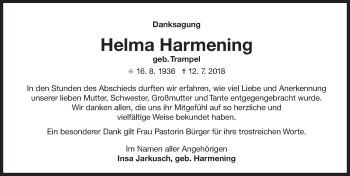 Traueranzeige von Helma Harmening 