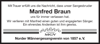Traueranzeige von Manfred Braun 