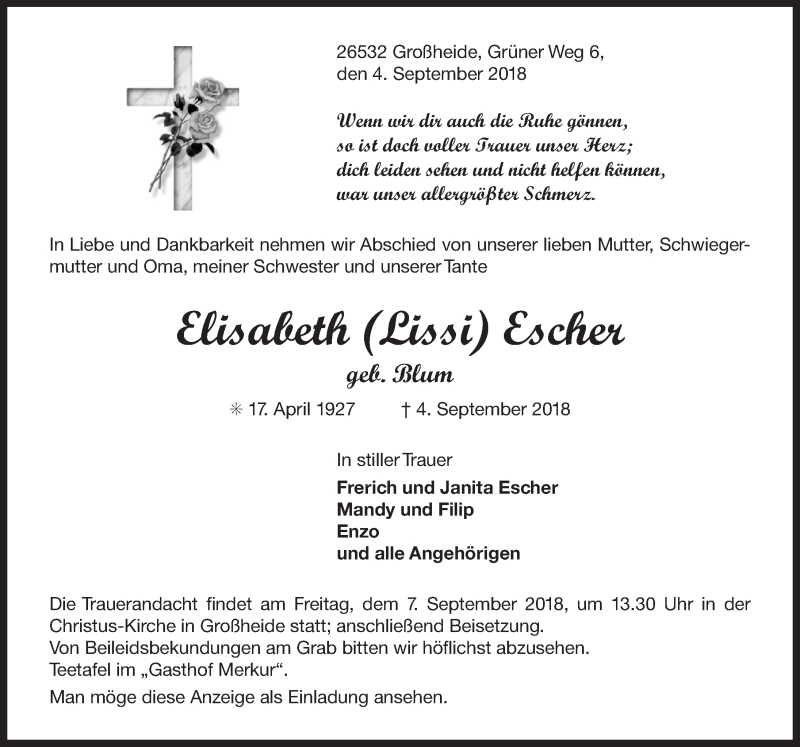  Traueranzeige für Elisabeth Escher vom 05.09.2018 aus 