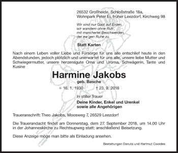 Traueranzeige von Harmine Jakobs 