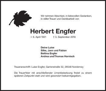 Traueranzeige von Herbert Engfer 
