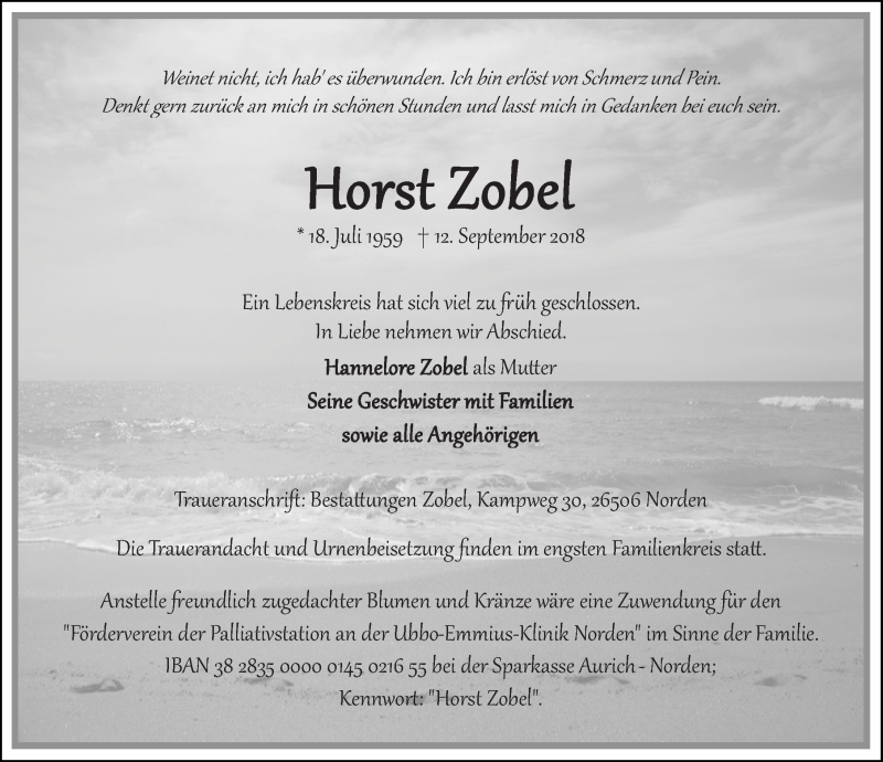  Traueranzeige für Horst Zobel vom 15.09.2018 aus 