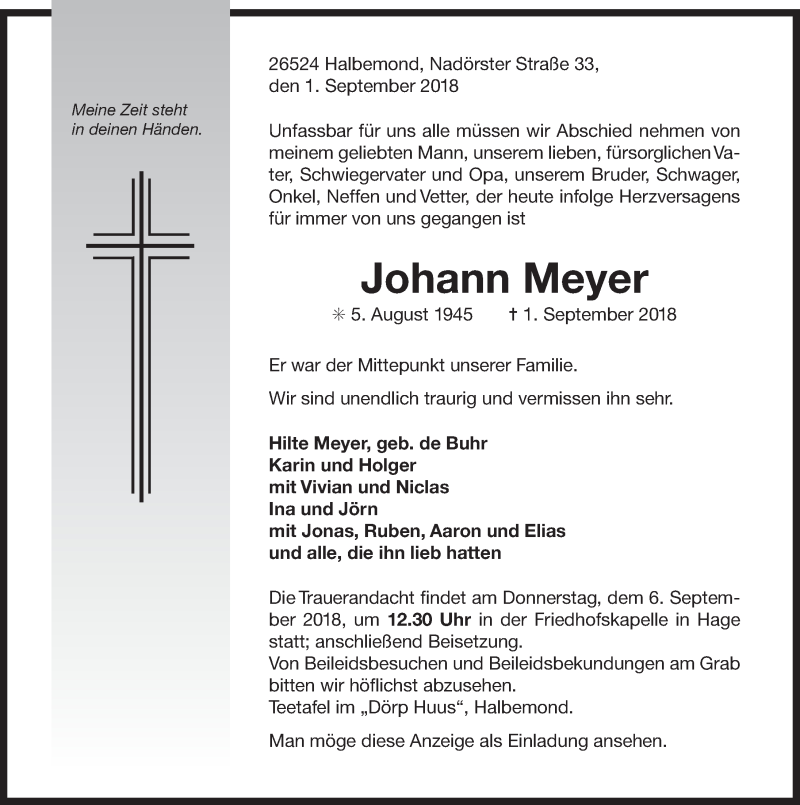  Traueranzeige für Johann Meyer vom 04.09.2018 aus 