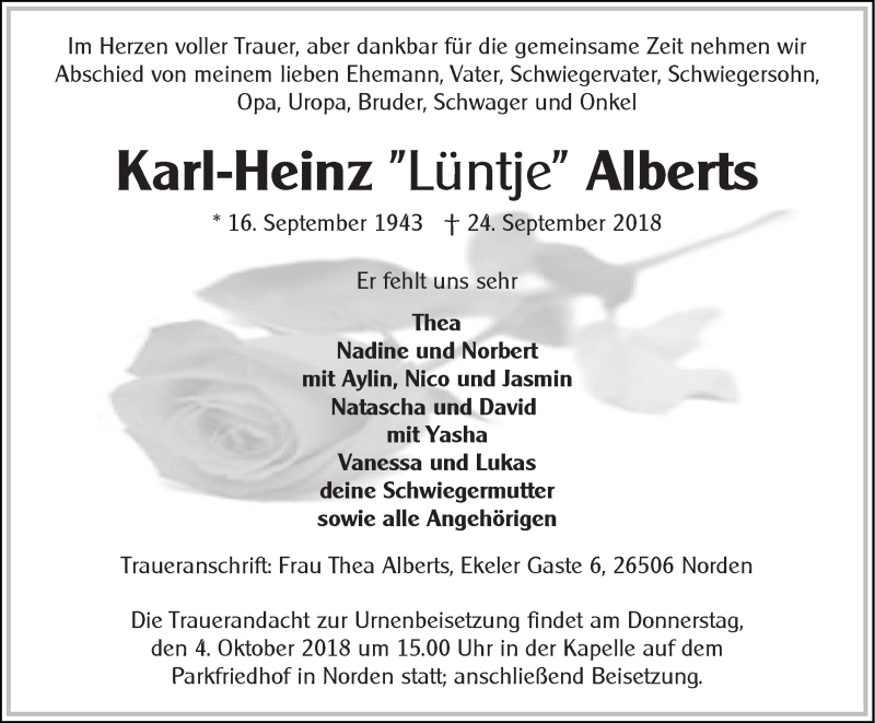  Traueranzeige für Karl-Heinz  Alberts vom 29.09.2018 aus 
