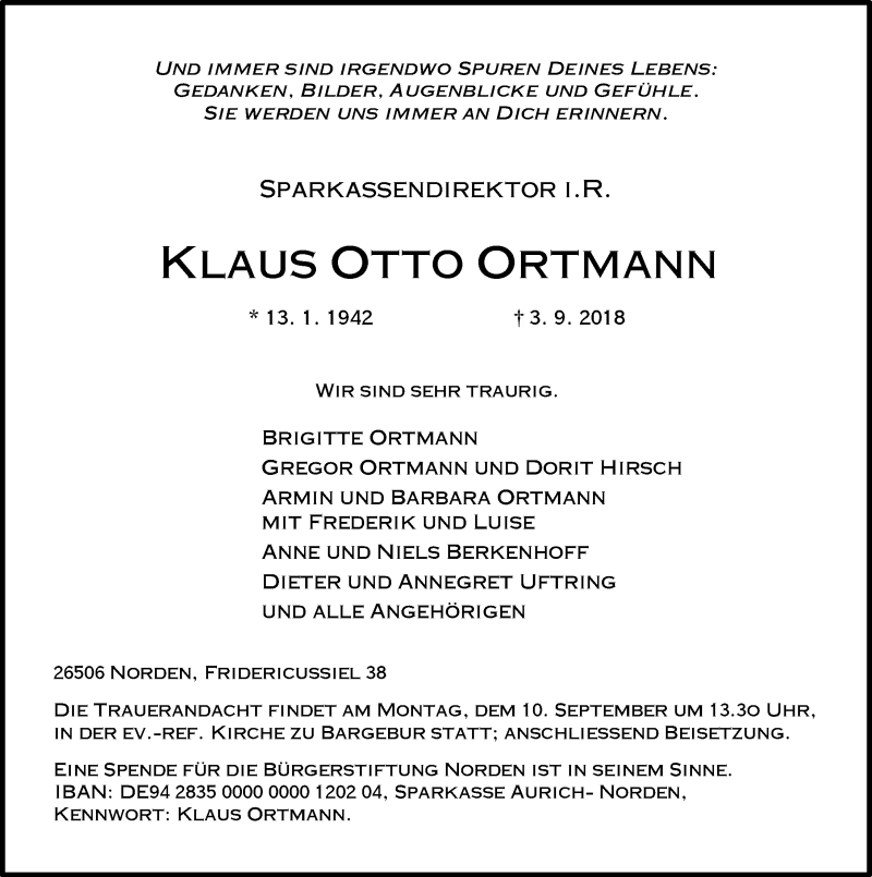  Traueranzeige für Klaus Otto Ortmann vom 05.09.2018 aus 