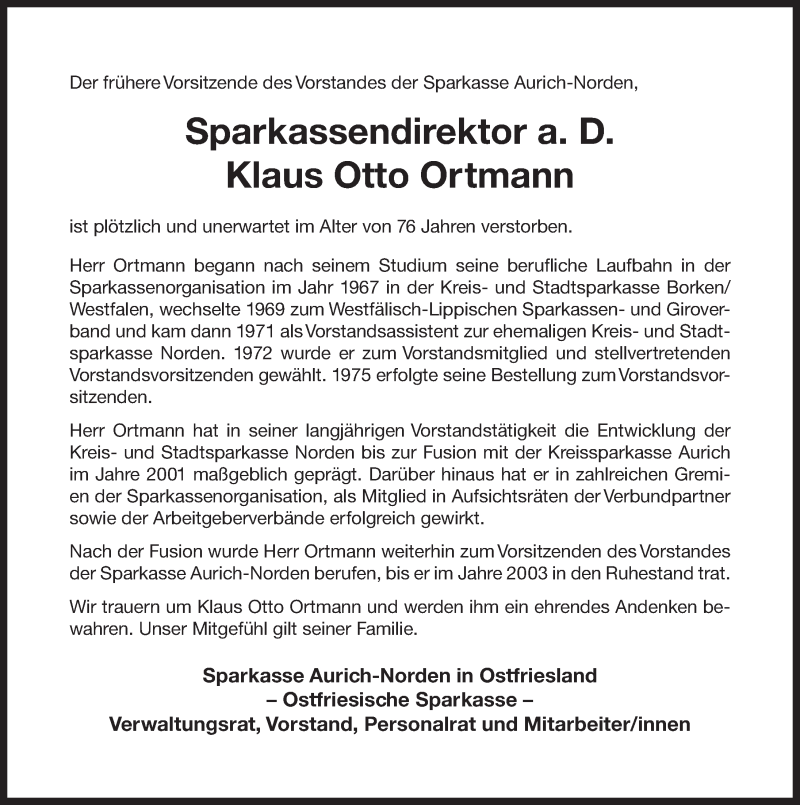  Traueranzeige für Klaus Otto Ortmann vom 05.09.2018 aus 