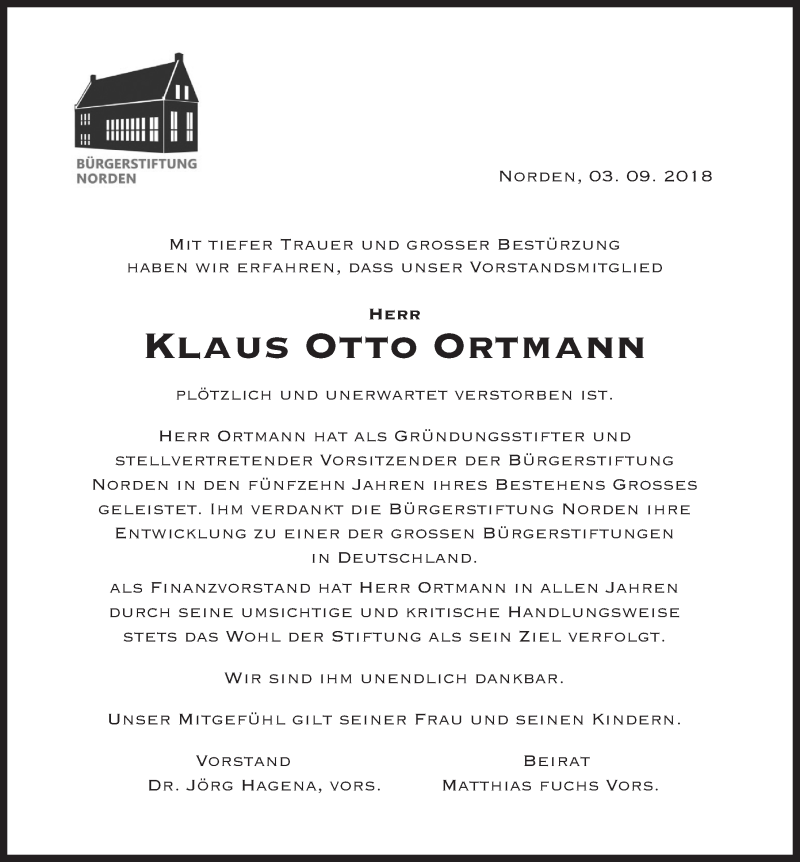  Traueranzeige für Klaus Otto Ortmann vom 06.09.2018 aus 