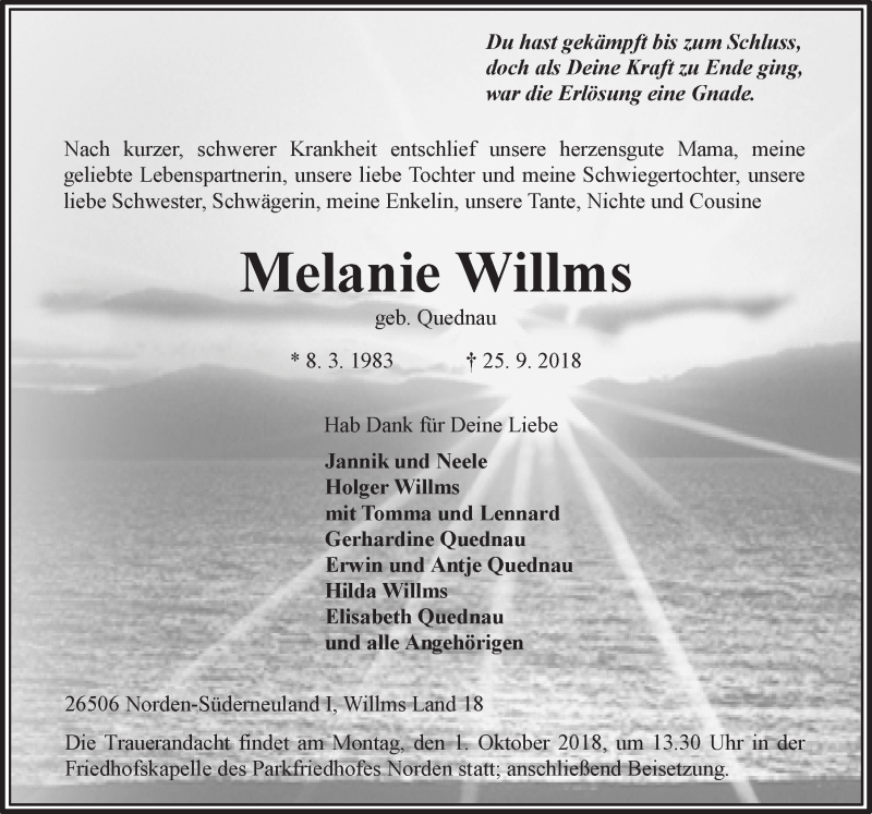 Traueranzeige für Melanie Willms vom 27.09.2018 aus 