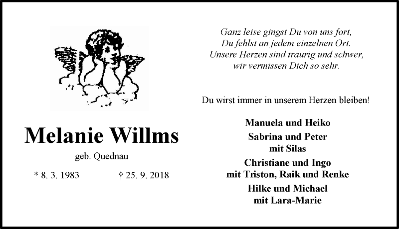  Traueranzeige für Melanie Willms vom 27.09.2018 aus 