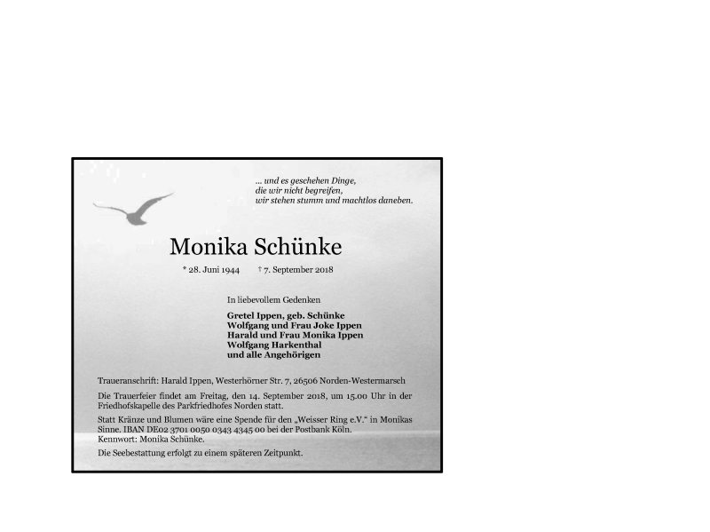  Traueranzeige für Monika Schünke vom 10.09.2018 aus 