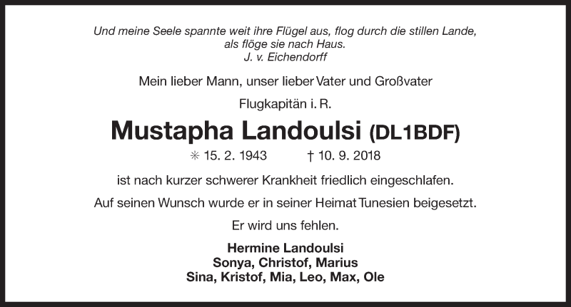  Traueranzeige für Mustapha Landoulsi vom 25.09.2018 aus 