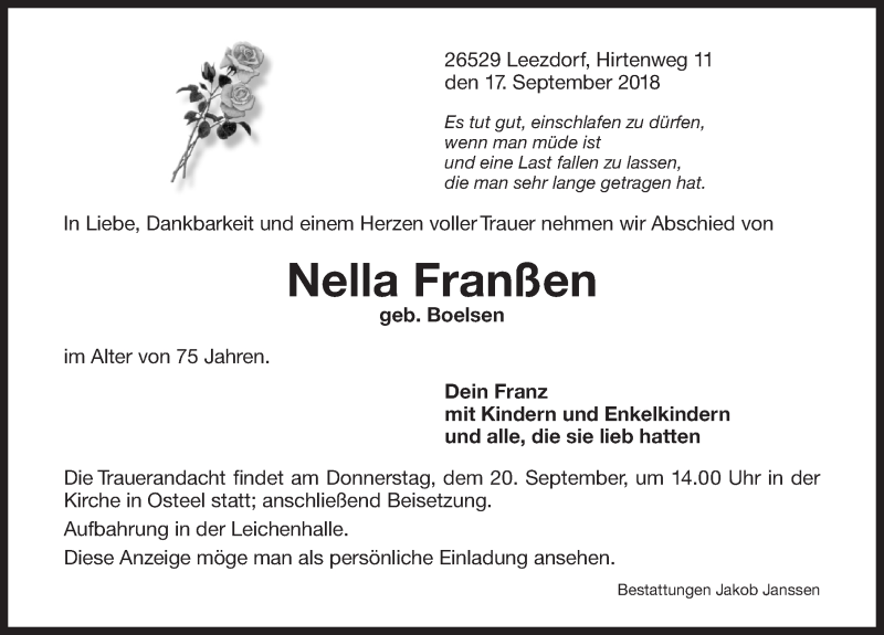  Traueranzeige für Nella Franßen vom 19.09.2018 aus 