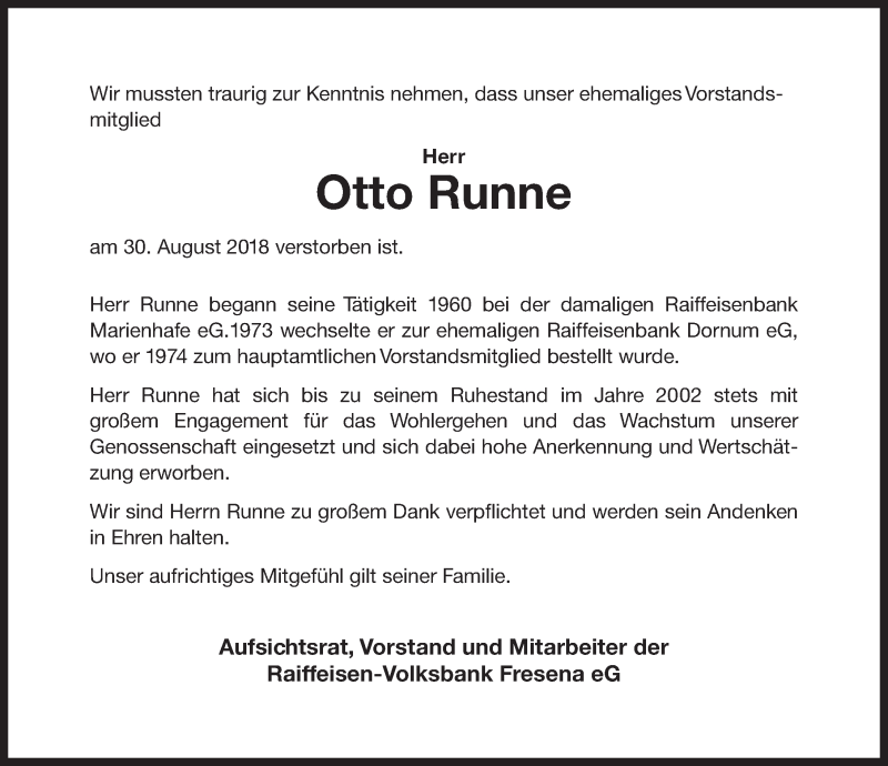  Traueranzeige für Otto Runne vom 03.09.2018 aus 
