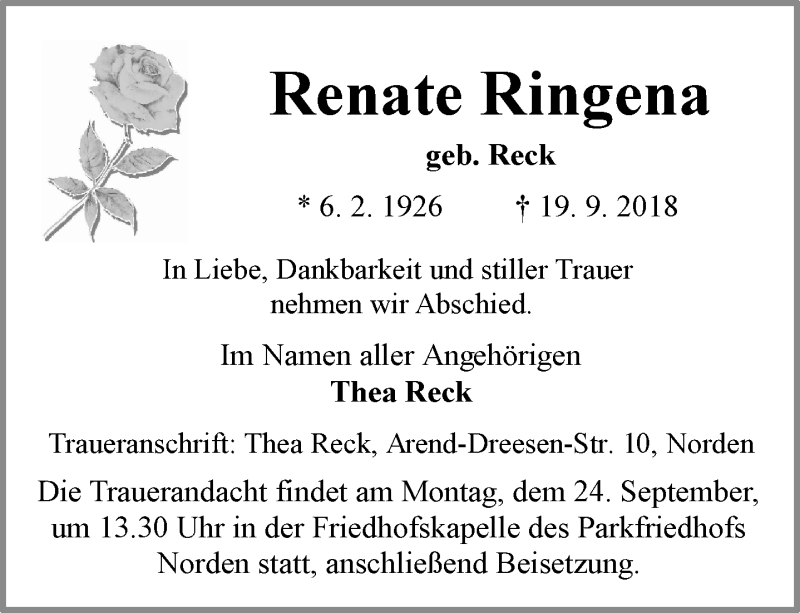  Traueranzeige für Renate Ringena vom 22.09.2018 aus 