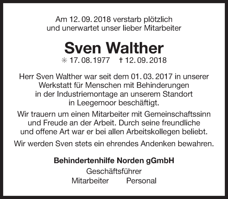  Traueranzeige für Sven Walther vom 22.09.2018 aus 