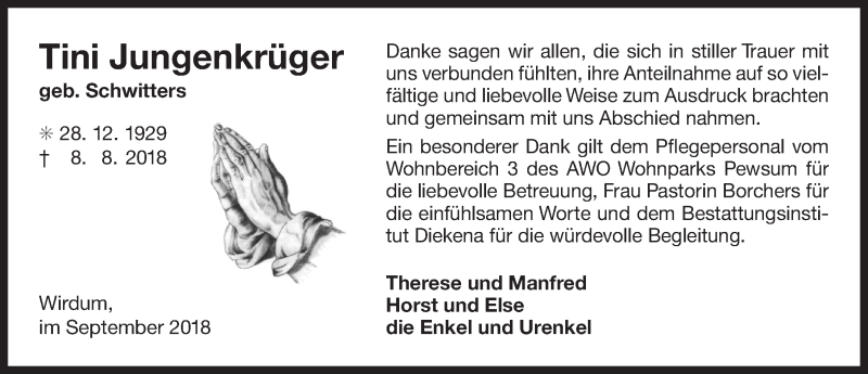  Traueranzeige für Tini Jungenkrüger vom 15.09.2018 aus 