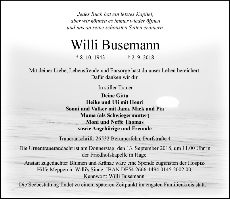  Traueranzeige für Willi Busemann vom 08.09.2018 aus 