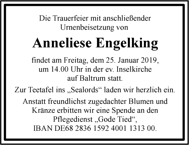  Traueranzeige für Anneliese Engelking vom 22.01.2019 aus 