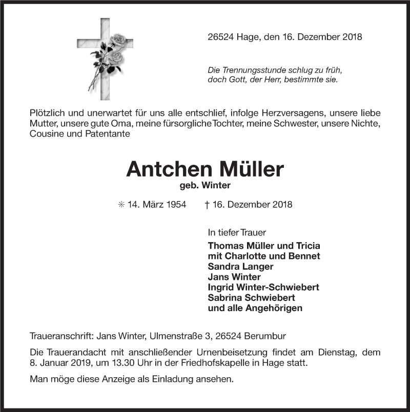  Traueranzeige für Antchen Müller vom 03.01.2019 aus 