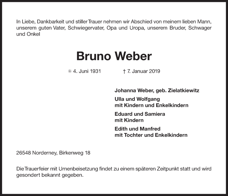  Traueranzeige für Bruno Weber vom 10.01.2019 aus 