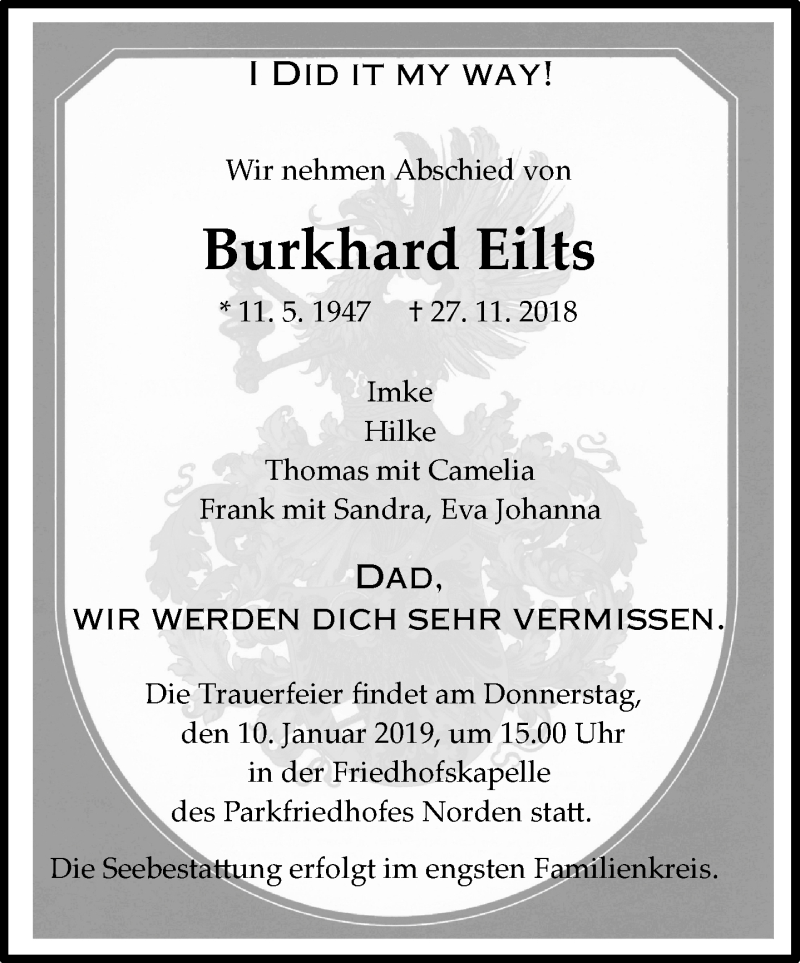  Traueranzeige für Burkhard Eilts vom 05.01.2019 aus 