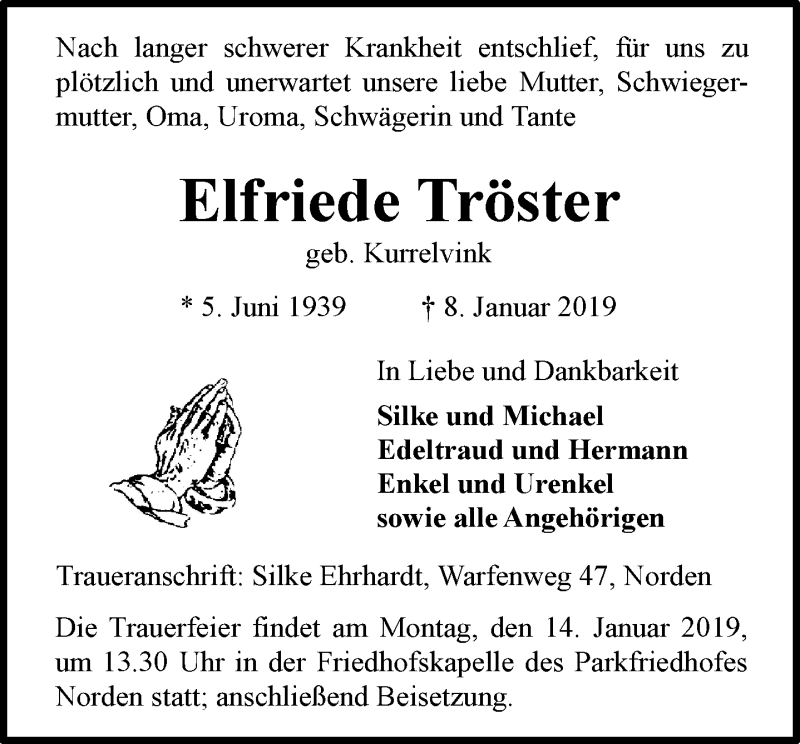  Traueranzeige für Elfriede Tröster vom 09.01.2019 aus 