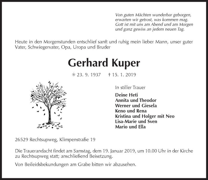  Traueranzeige für Gerhard Kuper vom 17.01.2019 aus 