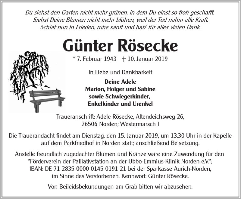  Traueranzeige für Günter Rösecke vom 12.01.2019 aus 