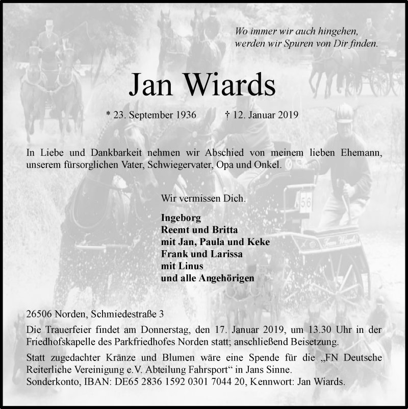  Traueranzeige für Jan Wiards vom 14.01.2019 aus Ostfrisischer Kurier
