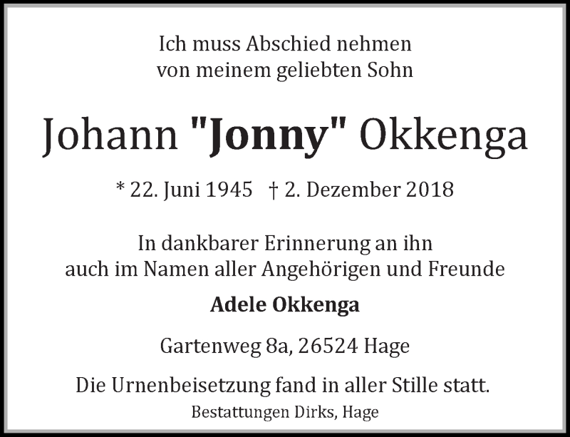  Traueranzeige für Johann Jonny Okkenga vom 12.01.2019 aus 