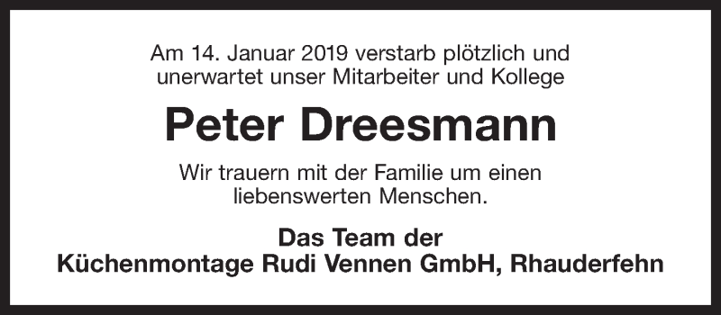  Traueranzeige für Peter Dreesmann vom 22.01.2019 aus 