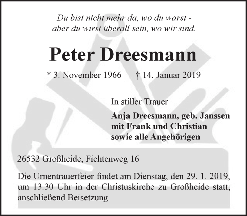  Traueranzeige für Peter Dreesmann vom 19.01.2019 aus 