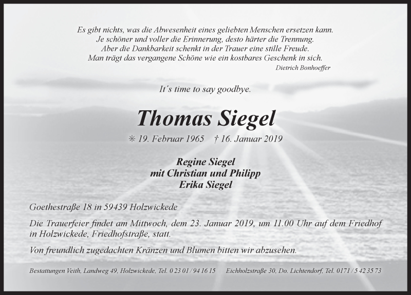  Traueranzeige für Thomas Siegel vom 18.01.2019 aus 