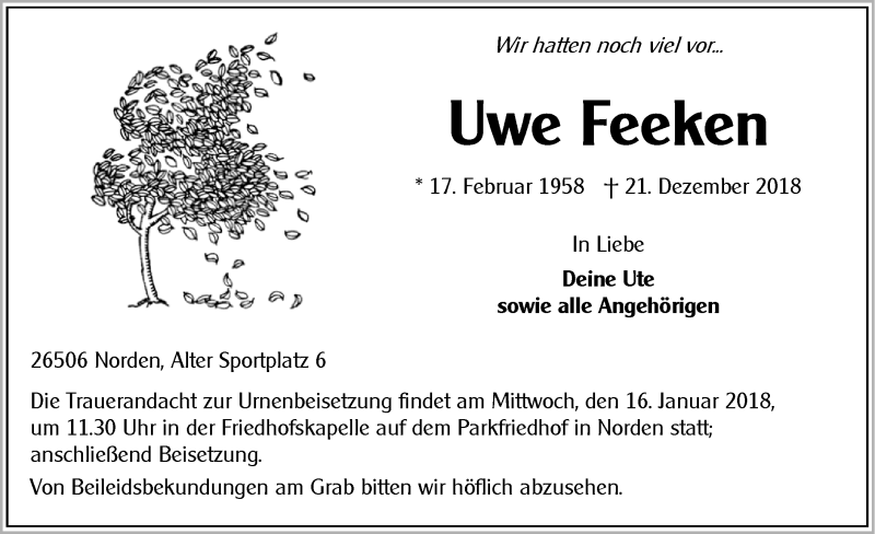  Traueranzeige für Uwe Feeken vom 12.01.2019 aus 