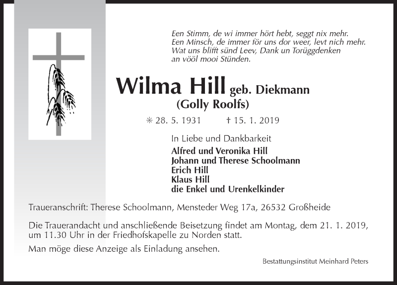  Traueranzeige für Wilma Hill vom 17.01.2019 aus 