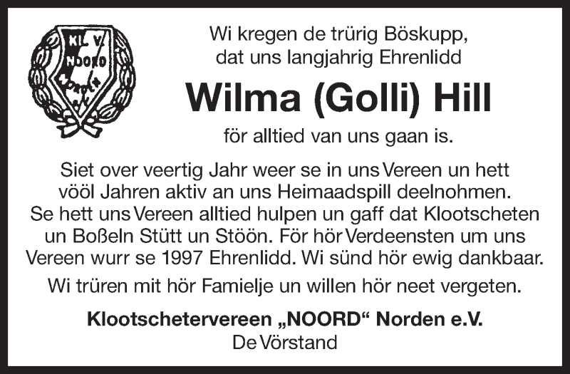  Traueranzeige für Wilma Hill vom 18.01.2019 aus 