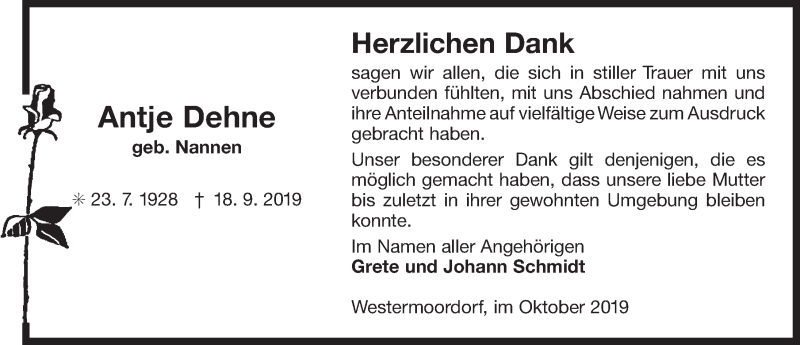  Traueranzeige für Antje Dehne vom 26.10.2019 aus 