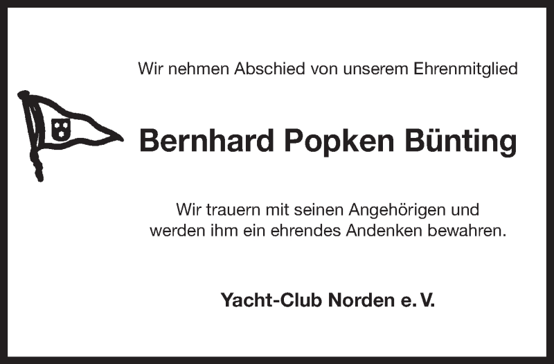  Traueranzeige für Bernhard Popken Bünting vom 24.10.2019 aus 