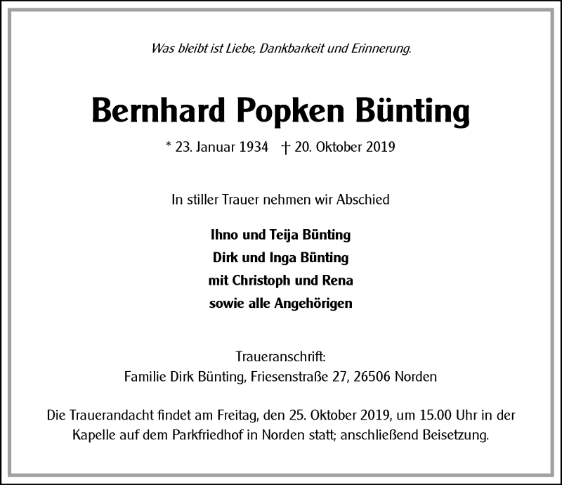  Traueranzeige für Bernhard Popken Bünting vom 23.10.2019 aus 