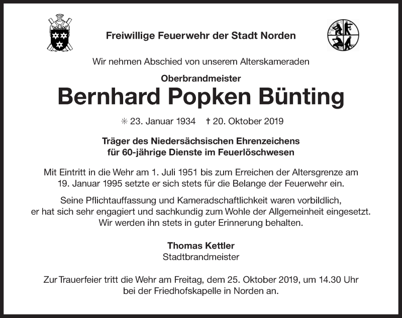  Traueranzeige für Bernhard Popken Bünting vom 24.10.2019 aus 