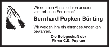 Traueranzeige von Bernhard Popken Bünting 
