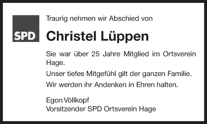  Traueranzeige für Christel Lüppen vom 15.10.2019 aus 