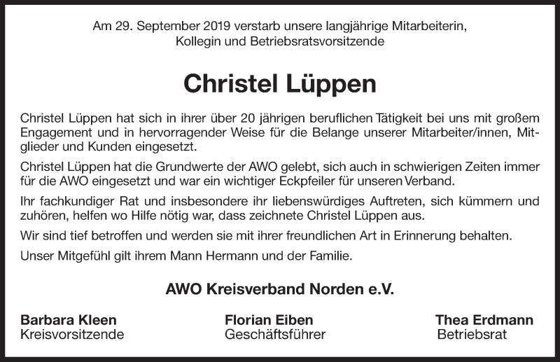  Traueranzeige für Christel Lüppen vom 15.10.2019 aus 