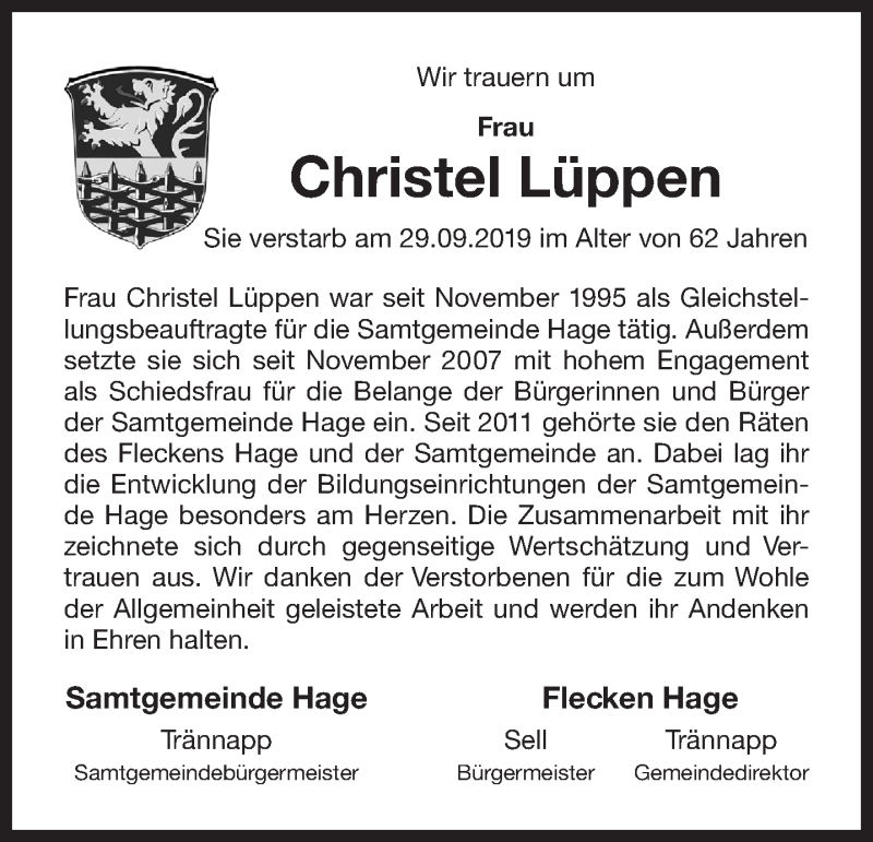  Traueranzeige für Christel Lüppen vom 16.10.2019 aus 