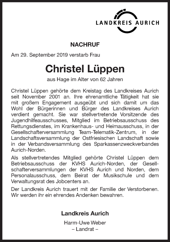  Traueranzeige für Christel Lüppen vom 15.10.2019 aus 