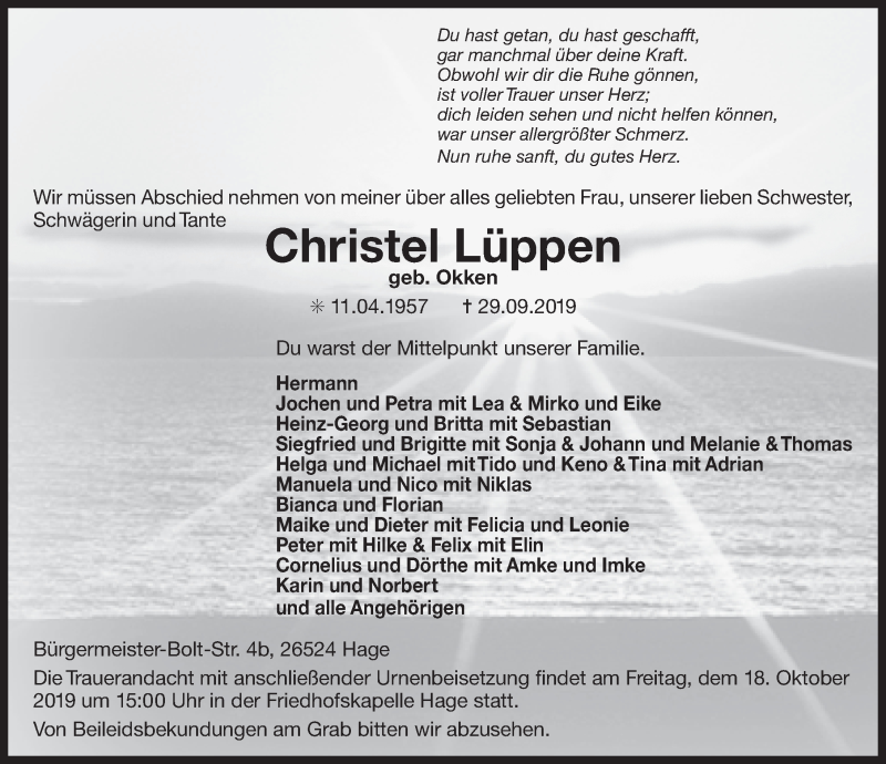  Traueranzeige für Christel Lüppen vom 12.10.2019 aus 