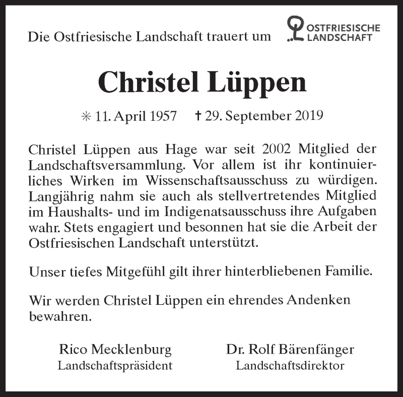  Traueranzeige für Christel Lüppen vom 15.10.2019 aus 