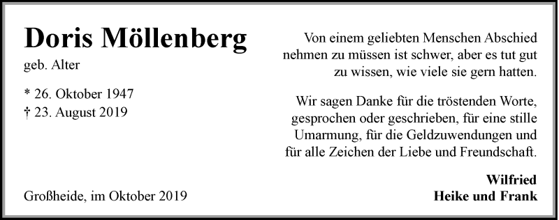  Traueranzeige für Doris Möllenberg vom 05.10.2019 aus 